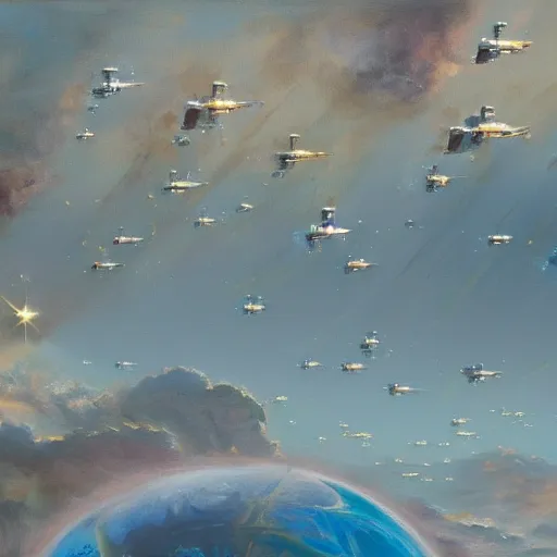 Prompt: an expansive painting of many spaceships leaving earth, optimistic mood