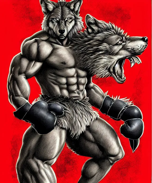 Image similar to extreme long shot. 8 bit nes graphics. antropomorphic muscular masculine wolf. kickboxer fighter, in shorts. wolf head. fine details, very sharp, art from nes game cartridge, marc simonetti and hermann nitsch