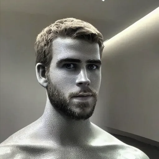 Image similar to “ a realistic detailed photo of a guy who is an attractive humanoid who is half robot and half humanoid, who is a male android, actor liam hemsworth, shiny skin, posing like a statue, blank stare, at the museum, on display ”