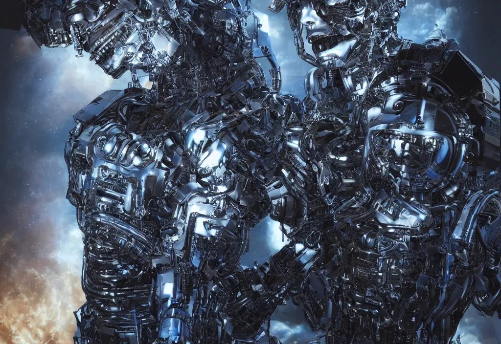 Prompt: hyperrealistic mixed media of a humanoid terminator floating in space, stunning 3d render inspired art by P. Craig Russell and Barry Windsor-Smith + perfect facial symmetry + dim volumetric lighting, 8k octane beautifully detailed render, post-processing, extremely hyperdetailed, intricate futuristic mechanic parts, epic composition, grim yet sparkling atmosphere, cinematic lighting + masterpiece, trending on artstation