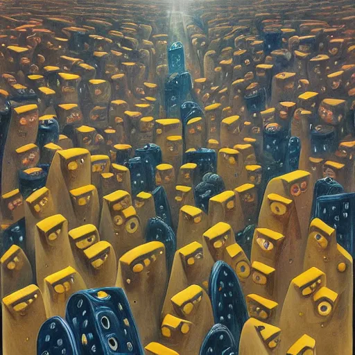 Prompt: crowded underground city where everyone is made of cheese, surrealist painting