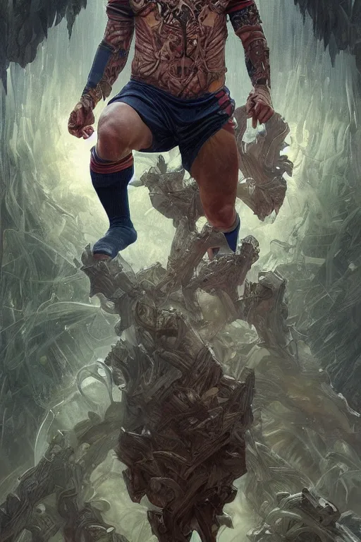 Prompt: portrait of lionel messi as a hulking herculean demon, forest, godlike, full body, fantasy, intricate, elegant, highly detailed, digital painting, artstation, concept art, sharp focus, illustration, art by artgerm and greg rutkowski and alphonse mucha