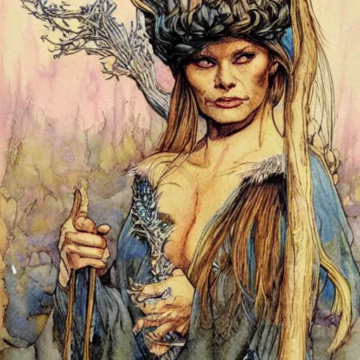 Image similar to a realistic and atmospheric watercolour fantasy character concept art portrait of brigitte bardot as a druidic warrior wizard looking at the camera with an intelligent gaze by rebecca guay, michael kaluta, charles vess and jean moebius giraud