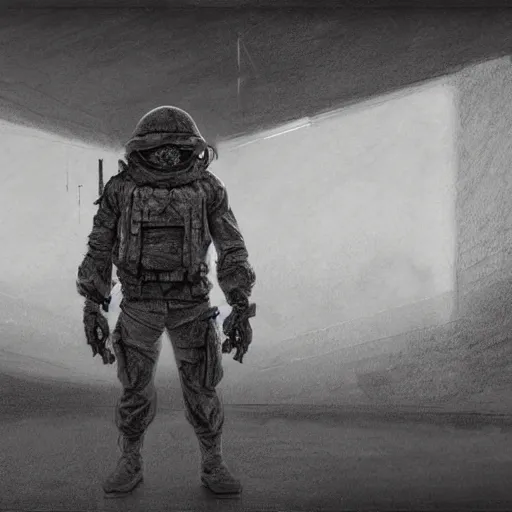 Image similar to pencil art, distant shot, realistic, cinematic, hyper detailed, smooth, soldier hiding behind wall, alien figure in the background, in a war torn area