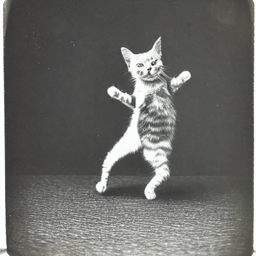 Image similar to daguerrotype of rare photo of cat dancing on hind legs from 1 8 7 9, vintage 1 9 th century photography