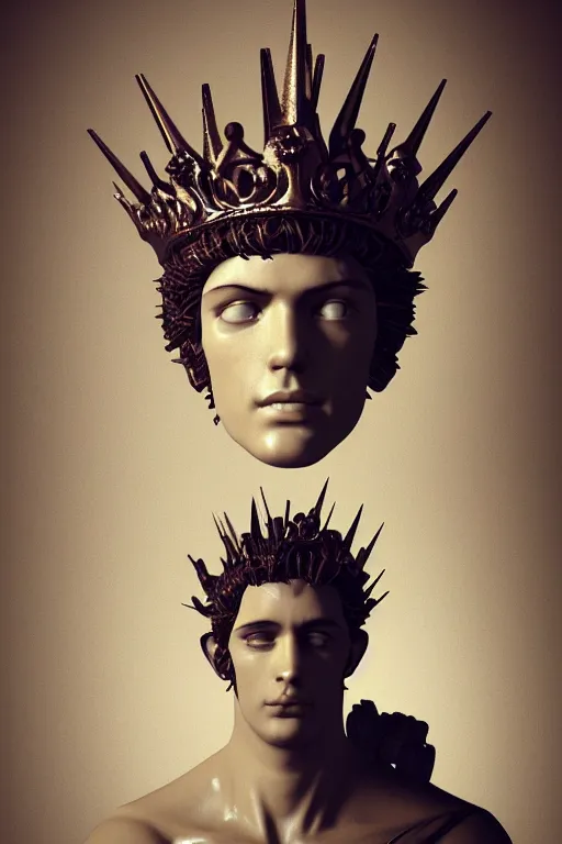 Prompt: full marble baroque style sculpture of handsome young seductive Spanish prince with a spiky hair, wearing a crown made out of woven pipe cleaners, background floating in outer space, photorealism, octane render, artgem, Trending on artstation