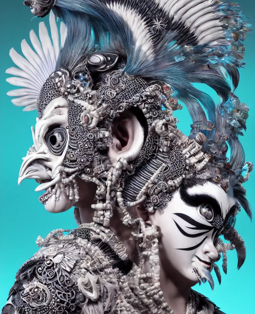 Image similar to 3 d goddess close - up profile portrait punk with mohawk with ram skull. beautiful intricately detailed japanese crow kitsune mask and clasical japanese kimono. betta fish, jellyfish phoenix, bio luminescent, plasma, ice, water, wind, creature, artwork by tooth wu and wlop and beeple and greg rutkowski