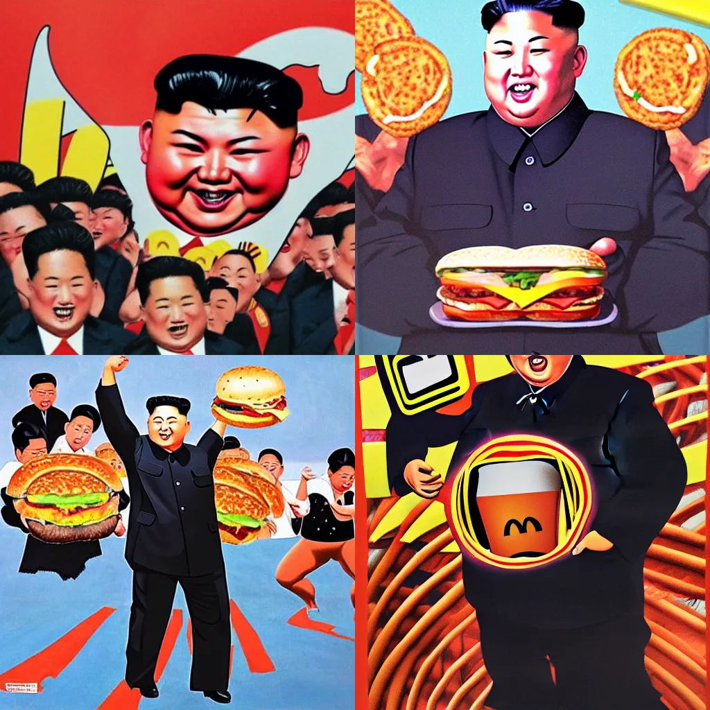 Prompt: ultra thic kim jong un dancing and holding a mcdonalds hamburger, surreal art, modern, hyperdetailed