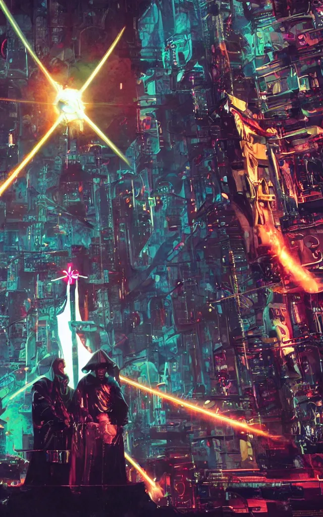 Prompt: Pope shooting bright lasers in front of robotic nuns, 80s, science fiction, cyberpunk, neon, low angle shot, cross, pope, movie poster, futuristic