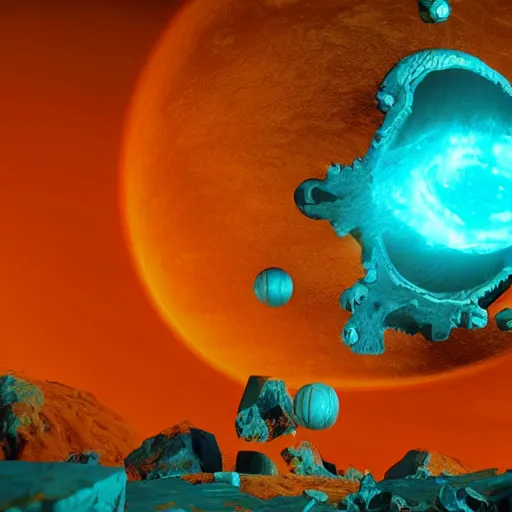 Prompt: a planet that shatters into pieces in space with a turquoise glow, and lovecraftian horror next to it unreal engine 4 realistic photo