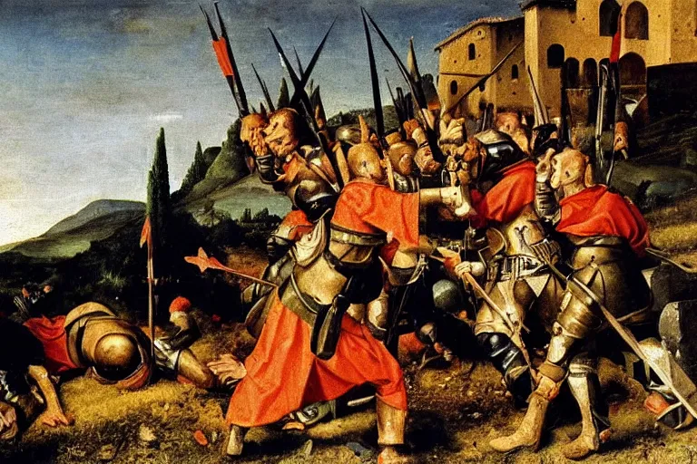 Prompt: a brutal war between medieval armies on Tuscany hills by Moretto da Brescia, close up, fire, oil painting