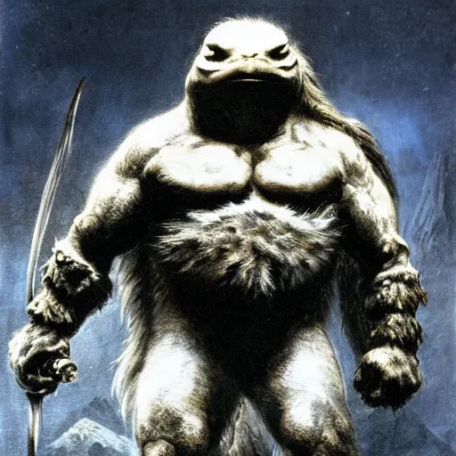 Image similar to anthropomorphic turtle barbarian humanoid by frank frazetta, carapace, blizzard, winter, night, furs, fantasy