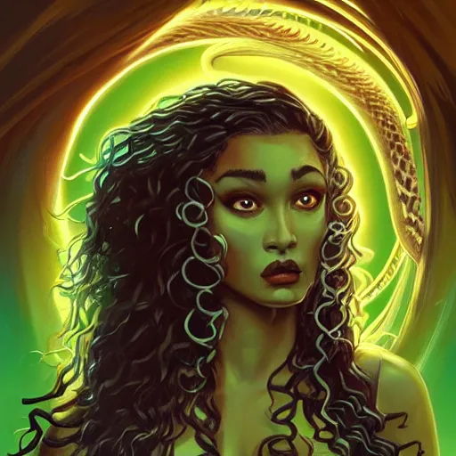 Image similar to Shanina Shaik as Medusa, snakes for hair, highly detailed, digital painting, artstation, concept art, smooth, sharp focus, illustration, art by Chris Achilleos, in the style of Medusa (1988) by Chris Achilleos.