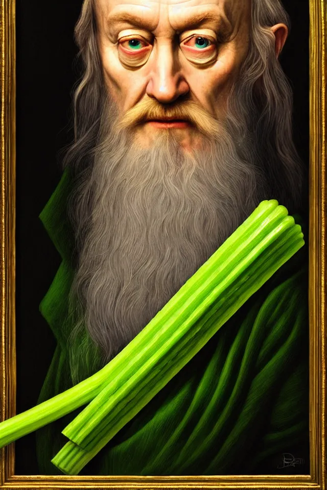 Image similar to bizarre renaissance portrait of dumbledore as a highly detailed celery stick, dramatic cinematic lighting, 8 k, beautiful intricate painting by dan mumford