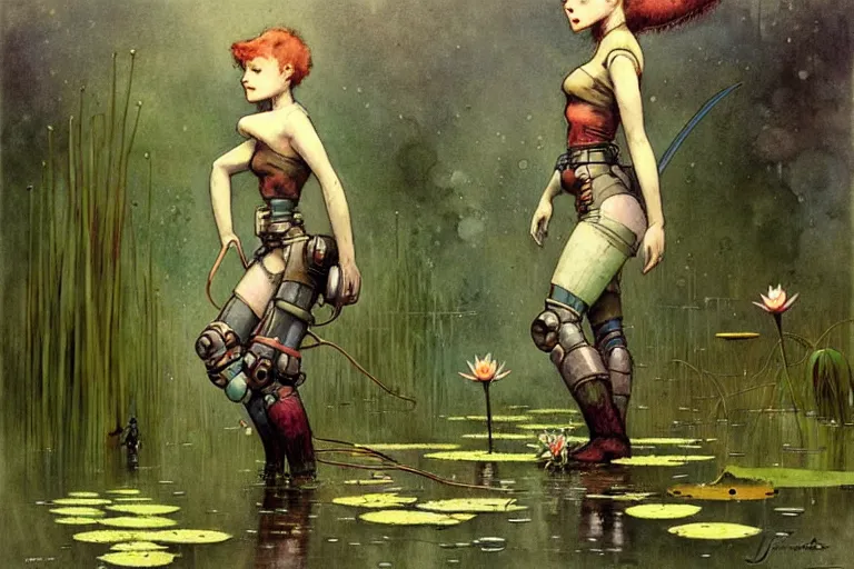 Image similar to adventurer ( ( ( ( ( 1 9 5 0 s retro future robot cyborg bolthole. muted colors. swamp, fairies, water lilies ) ) ) ) ) by jean baptiste monge!!!!!!!!!!!!!!!!!!!!!!!!! chrome red