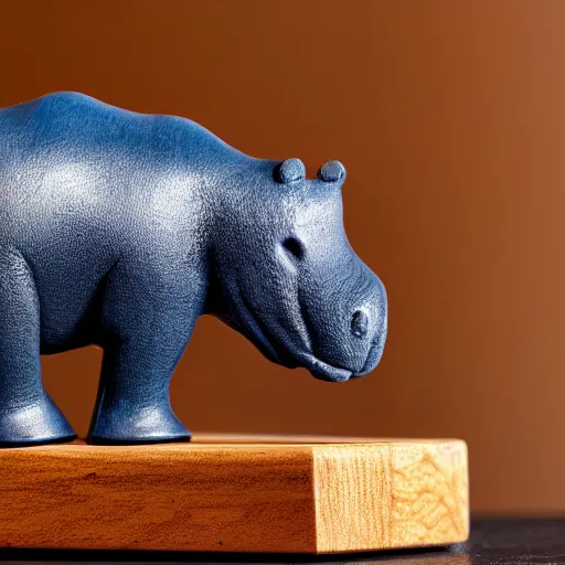 Prompt: a zoomed out studio product shot of a minimalist carved hippopotamus, carved from a glued block of 5 0 % cherry wood and 5 0 % blue resin, in profile, like a catalog photograph, mostly wood, with a smooth featureless minimalist look