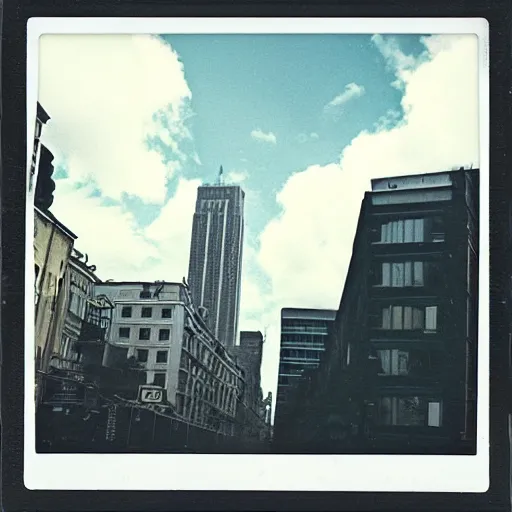 Image similar to instant photograph of a city in 1979, polaroid, raw, light leak, clouds