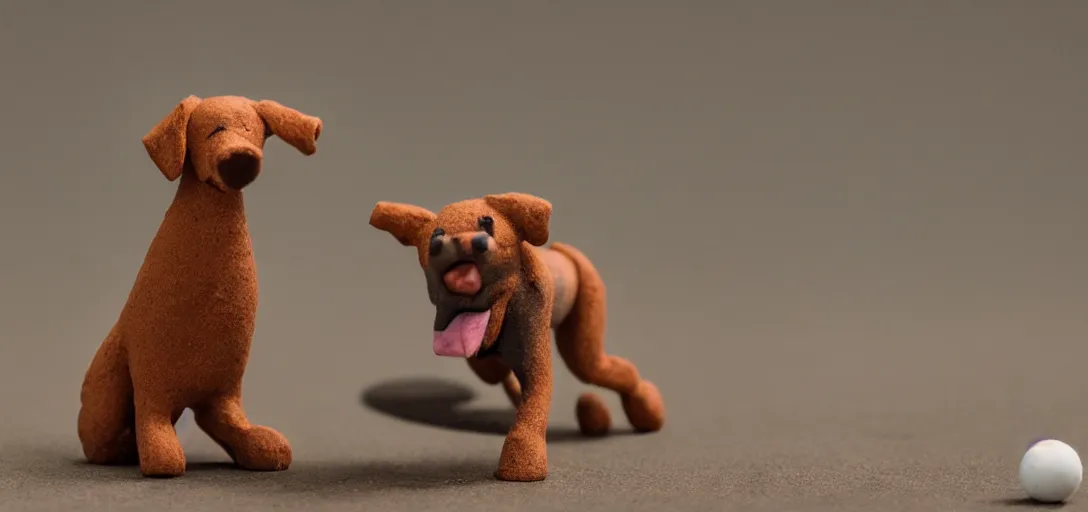 Image similar to dog playing fetch, claymation, stop motion, shallow depth of field