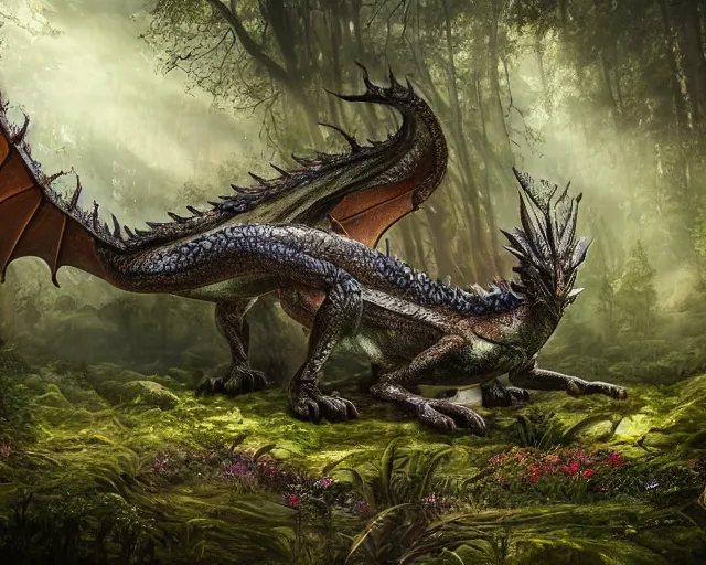 Prompt: Giant Dragon resting in a forest , natural light, dead plants and flowers, elegant, intricate, fantasy, atmospheric lighting, by Peter Morhbacher, HD, highly detailed, 8k