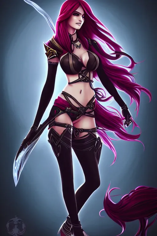 Image similar to full body portrait of Katarina from League of Legends illustration, medium shot, intricate, elegant, highly detailed, digital art