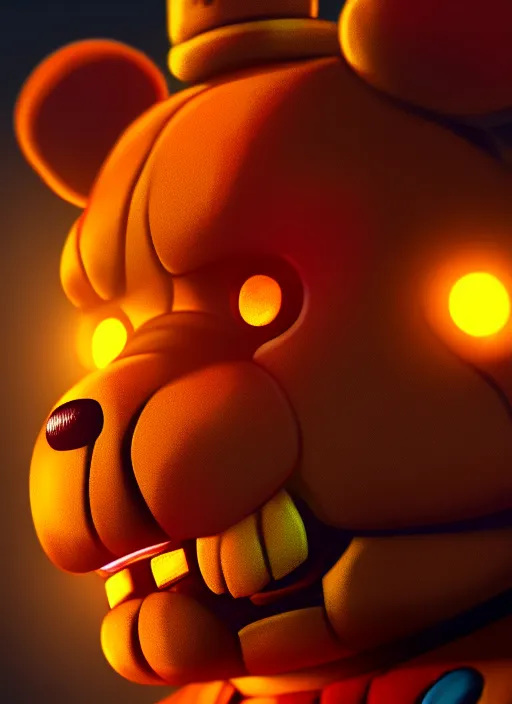 Image similar to portrait of freddy fazbear, glowing lights, highly detailed, digital painting, artstation, concept art, sharp focus, illustration