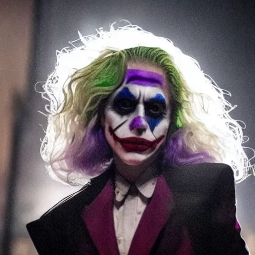 Image similar to beautiful awe inspiring Lady Gaga playing The Joker 8k hdr movie still moody lighting