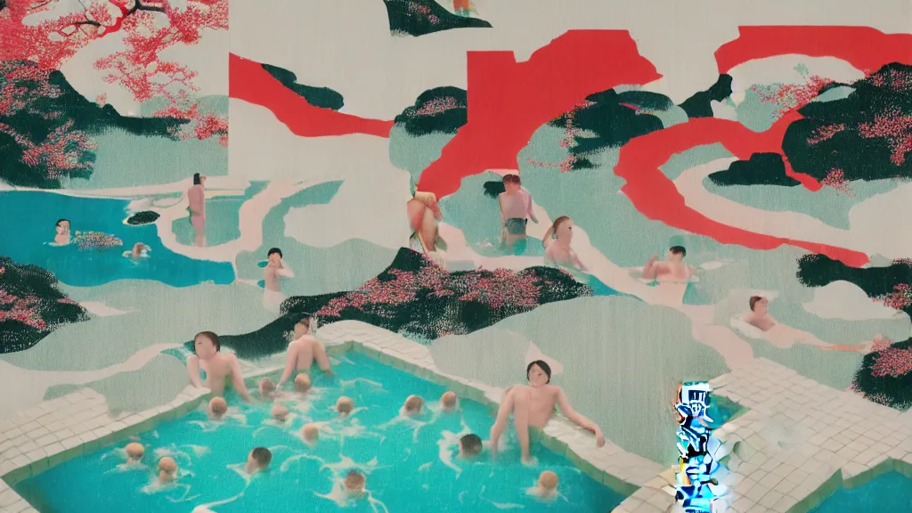 Image similar to japan natural hot spring, a collage painting, in the style of wes anderson, lola dupre, david hockney, isolated on negative white space background dark monochrome neon spraypaint accents volumetric octane render