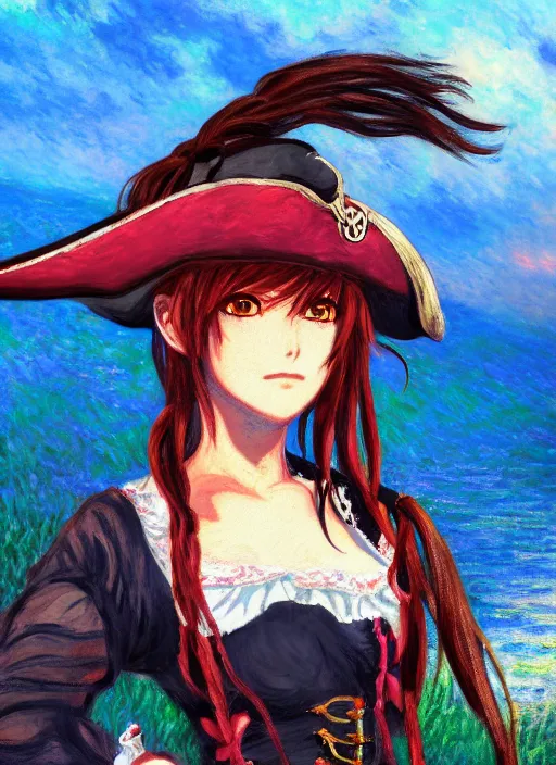 Prompt: a portrait of a female pirate, very anime in impressionist style, anime trending artwork, 4 k, anime painter studio, by claude monet