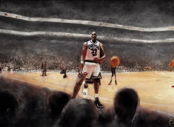 Image similar to environmental portrait of Michael Jordan at a basketball stadium, NBA Finals, concept art by Craig Mullins, masterpiece, highly detailed and ultra realistic, trending on artstation