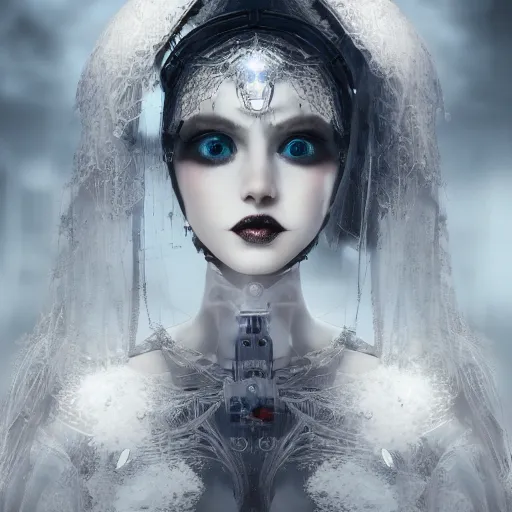 Prompt: female gothic robots with transparent head with mechanical brain and beautiful sensual human face, dressed in white intricate lace, veils and jewels, epic environment, matte painting, diffused lighting, highly detailed, cinematic, epic atmosphere, digital art, trending on artstation, wide angle