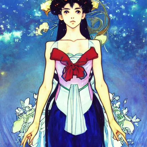 Image similar to Portrait of Sailor Moon by Naoko Takeuchi. Art by Greg Rutkowski and Alphonse Mucha