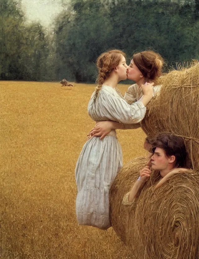 Image similar to two peasant girl kiss over a of hay, lolita style, Cottage core, Cinematic focus, Polaroid photo, vintage, neutral colors, soft lights, foggy, by Steve Hanks, by Serov Valentin, by Andrei Tarkovsky, by Terrence Malick, 8k render, detailed, oil on canvas