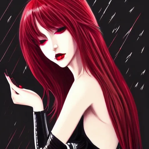 Image similar to beautiful seductive female in black leather skin tight clothes, in the rain in paris, highly detailed, painting, dark red and black color palette, intricate, high quality, anime artstyle, in the style of sana takeda