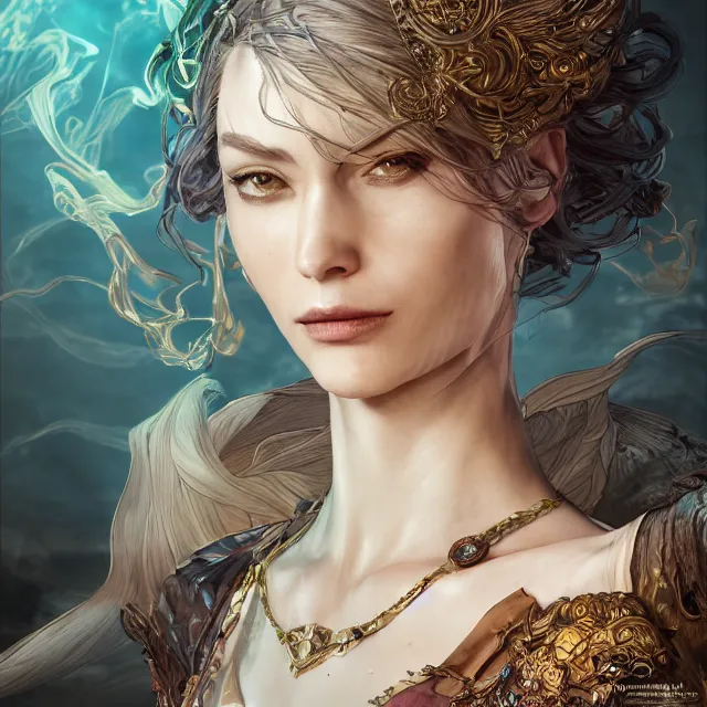 Image similar to the portrait of the lawful evil sorceress personified as an absurdly beautiful, graceful, elegant, sophisticated, mature woman, an ultrafine hyperdetailed illustration by kim jung gi, irakli nadar, intricate linework, bright colors, octopath traveler, final fantasy, unreal engine 5 highly rendered, global illumination, radiant light, detailed and intricate environment