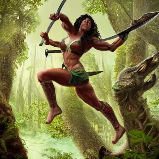 Image similar to a high detail super realistic anatomy strong amazonian woman leaps into the air in the forest to stab a wilderbeast with her sword, concept art, digital art fantasy world 4K high detail