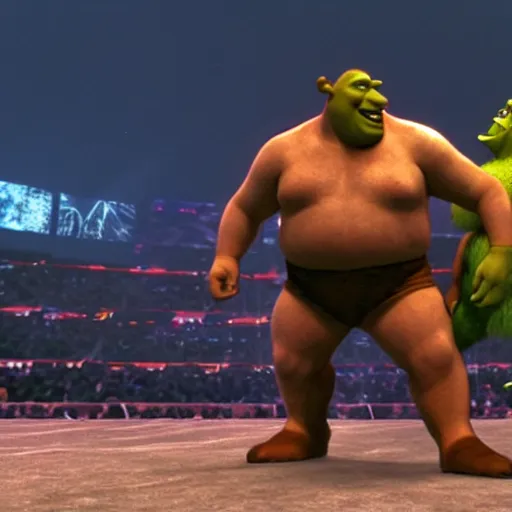 Image similar to shrek vs andre the giant at wrestlemania 8, high definition, 8k