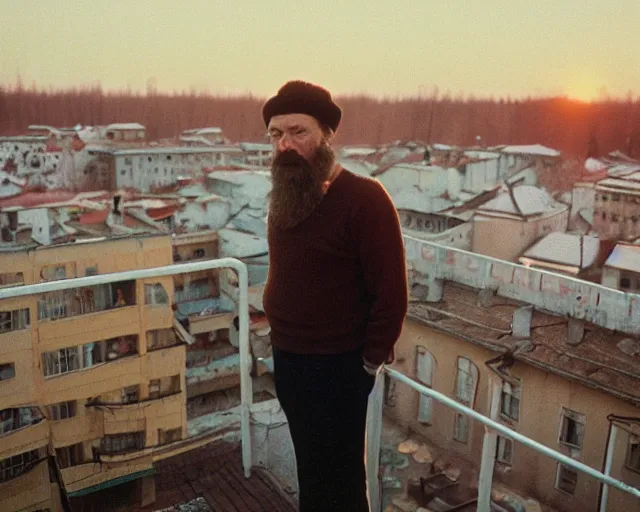 Image similar to lomographic tarkovsky film still of 4 0 years russian man with beard and sweater standing on small hrushevka 9 th floor balcony in taiga looking at sunset, perfect faces, cinestill, bokeh