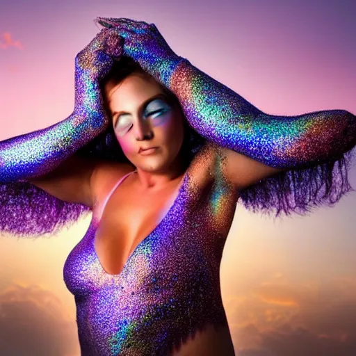 Image similar to portrait photo, a woman covered in intricate silver body paint and a purple florescent bikini inside an iridescent bubble floating above beautiful colorful pink sunset clouds, surrealism, dreamlike, artistic