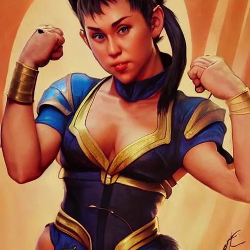 Image similar to miley cyrus as chun li from street fighter, high kick 4 k, ultra realistic, detailed focused art by artgerm and greg rutkowski and alphonse mucha