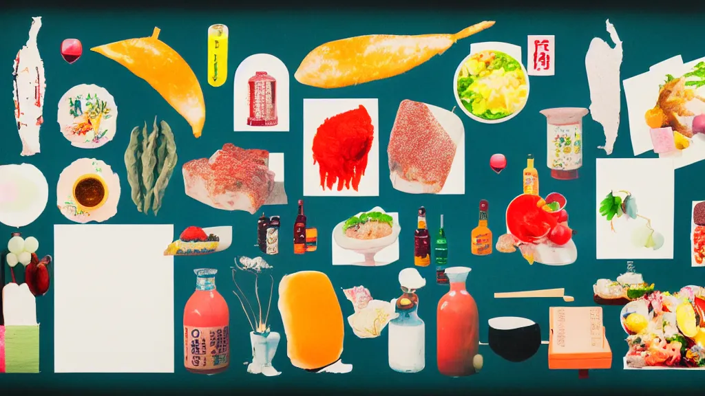 Image similar to an arrangement of foodie traveller props, japan, a collage painting, in the style of wes anderson, lola dupre, david hockney, isolated on negative white space background dark monochrome neon spraypaint accents volumetric octane render