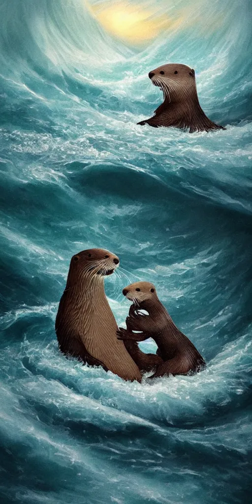 Image similar to An adorable Otter saving his wife from the whirlpool, in love holding hands side by side, in the middle of a super scary storm at sea, thunder, lightning, waves, fantasy illustration, cinematic, award winning, romantic, detailed trending on artstation, masterpiece