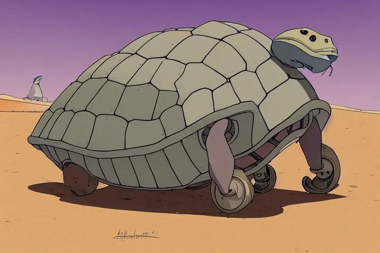 Image similar to a study of a cell shaded cartoon of a grey mechanized tortoise from howl's moving castle ( 2 0 0 4 ), on a desert road, full body, wide shot, very muted colors, post grunge, studio ghibli, laurie greasley, highly detailed, deviantart, art by artgem