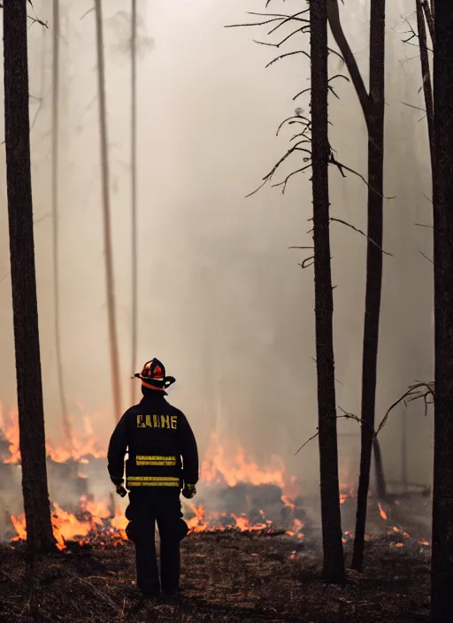 Image similar to a 3 5 mm photo from the back of a firefighter standing in front of a burning forest, bokeh, canon 5 0 mm, cinematic lighting, film, photography, depth of field, award - winning, bokeh