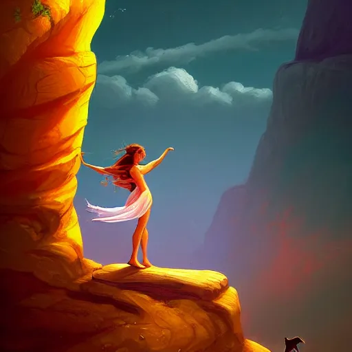 Prompt: the fool tarot card, a maiden dances on the edge of a cliff with a little dog barking beside her, 8 k resolution digital painting, cinematic lighting, deviantart artstation, by alena aenami, by michael whelan, bokeh, behance hd