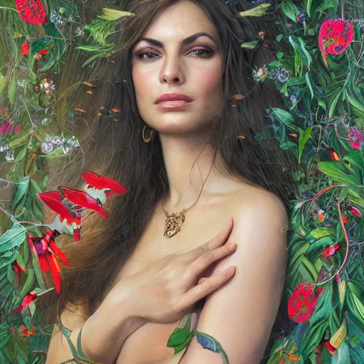 Image similar to head and shoulder portrait of monica belucci surrounded by hummingbirds and fine floral ornaments, eye - level medium - angle shot, intricate, floral background, by esao andrews, by m. w. kaluta, by yoshita amano, moody evening lightingnatural lighting, smooth, 3 d octane render, depth perception, 4 k,, artstation