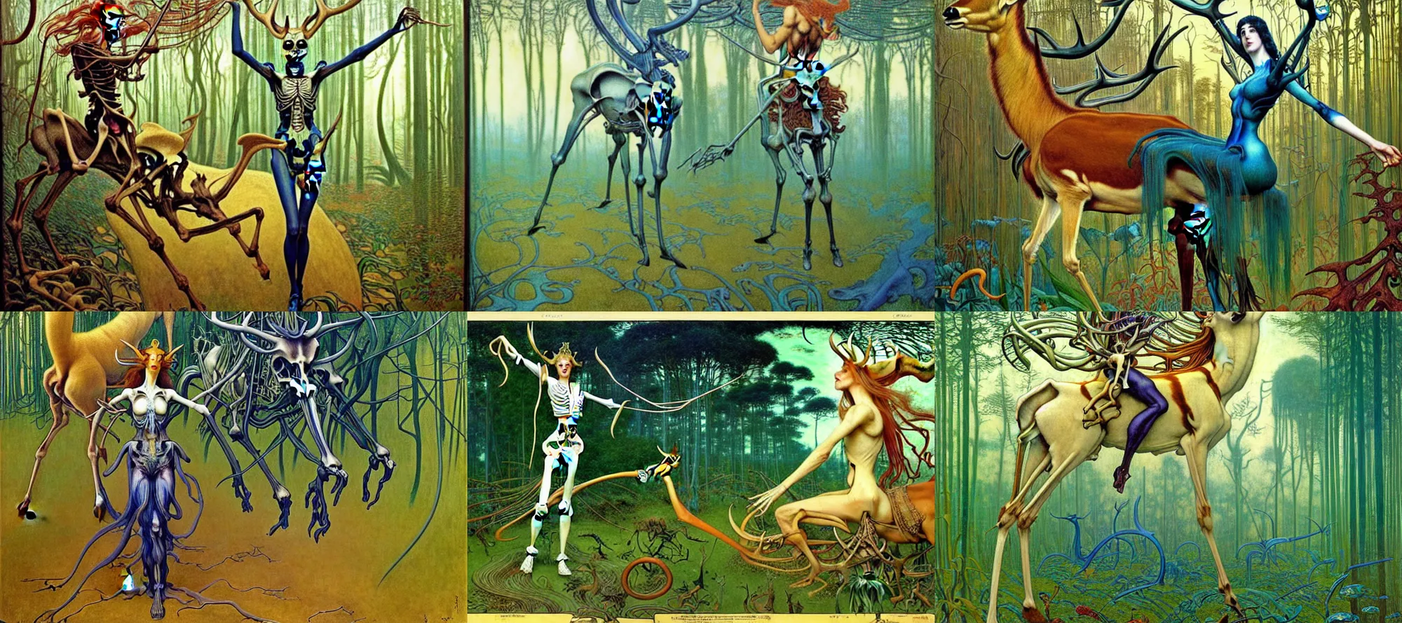 Prompt: realistic extremely detailed portrait of a green haired girl riding a skeleton deer, sci-fi forest in background by Jean Delville, Amano, Yves Tanguy, Alphonse Mucha, Ernst Haeckel, Edward Robert Hughes, Roger Dean, rich moody colours, blue eyes