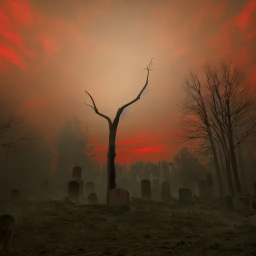 Image similar to red, red sky, depth, creepy, eyes, graveyard, death, dead, red eyes, 8k, hyperrealistic, depth, vray, high resoulution, eathly