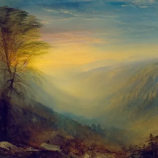 Image similar to a beautiful watercolor painting of an epic appalachian wilderness at dawn by j. m. w. turner, wide angle shot, godrays, mystical, deep shadows, epic scale