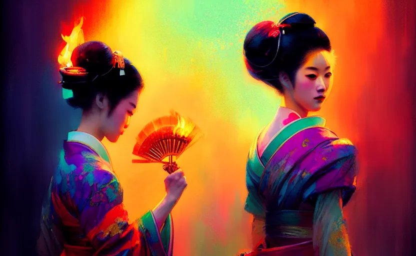 Image similar to female geisha girl holding a flame of rainbow, beautiful face, colourful, rule of thirds, thousands of colors, intricate outfit, spotlight, by greg rutkowski, by jeremy mann, digital painting