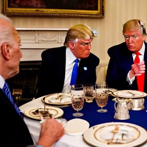 Image similar to Trump and Biden having dinner at a fancy Greek restaurant, award winning cinematic photography, 50 mm, blurred background, trending on Flickr